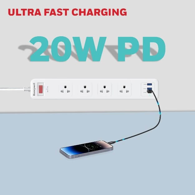 รางปลั๊กไฟ 4 ช่อง Honeywell รุ่น HCC000043 ป้องกันไฟกระชาก 1.8 เมตร (USB-A 2 ช่อง , USB-C 1 ช่อง)_3